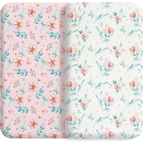 Bassinet Bed Sheet Set 2 Pcs Fits Rectangle Oval Halo Hourglass Mattress Stretch Bassinet Bed Sheet Soft and Comfy (Deer Park) (Pink Flowers)