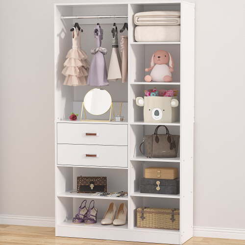 Homieasy Freestanding Closet System, 40 Inches Stand-Alone Wardrobe with 10 Shelves, 80'' Height Adjustable Cloth Garment Rack with 2 Wood Drawers, Wood Walk-in Closet with Hanging Rod, White