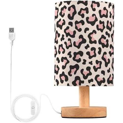 Bedside Table Lamp Leopard Pink Nightstand Lamp with Wood Animal Cheetah Print Desk Lamps for Bedroom Living Room Nursery Office Home Decor