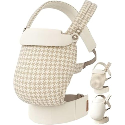 Reversible Baby Carrier, Khaki Solid & Houndstooth; Lightweight & Breathable Lyocell Fabric; Ergonomic Lumbar Support and Quick Hands-Free Wear for Newborn to Toddler (7–44 lbs)