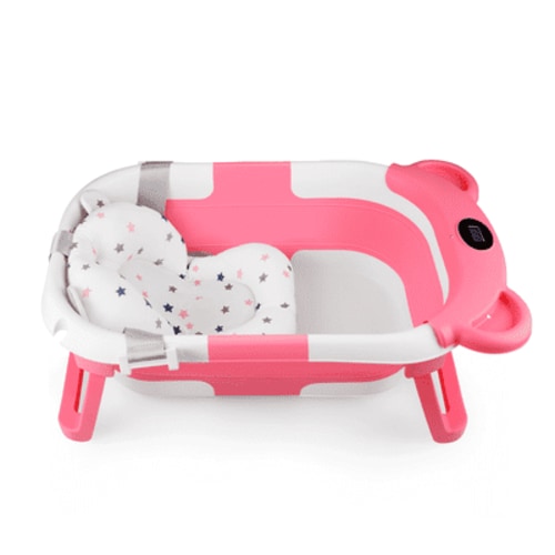PandaEar Collapsible Baby Bathtub, Travel Toddler Bathtub with Soft Cushion & Drain Hole for Toddler 0-24 Months -Pink