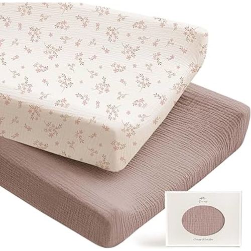 Konssy 2 Pack Muslin Changing Pad Covers for Boys, Ultra Soft & Breathable Cotton Baby Diaper Changing Table Covers, Neutral Nursery Diaper Changing Pad Sheets (Soft Blooms,Taupe)