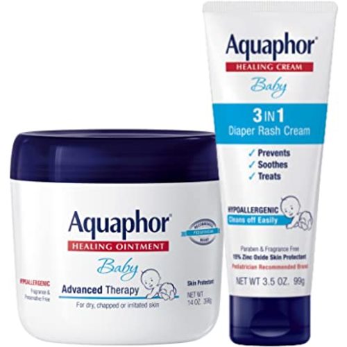 Aquaphor Baby Healing Ointment (14 Oz) + 3-in-1 Diaper Rash Cream (3.5 Oz), Hypoallergenic and Fragrance Free Skin Care Set for Babies