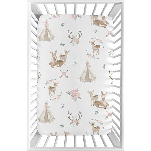 Sweet Jojo Designs Blush Pink, Mint Green and White Boho Baby Girl Fitted Mini Portable Crib Sheet for Woodland Deer Floral Collection - for Mini Crib or Pack and Play ONLY