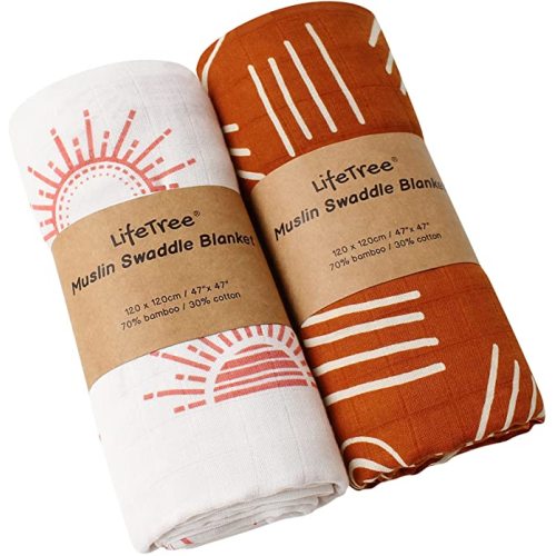 LifeTree 2 Pack Baby Swaddle Blankets - Soft Bamboo Cotton Muslin Swaddle Blankets - Earthy Color Collection, Lightweight, Breathable, Large 47 x 47 inches Receiving Blankets - 3.2 Pack