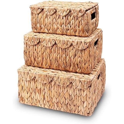 Scalloped Edge Wicker Basket with Lid, Rectangle Wicker Storage Basket with Built-in Handles, Multipurpose Organizer Rattan Display Boxes for Shelf, Nursery Room, Set of 3