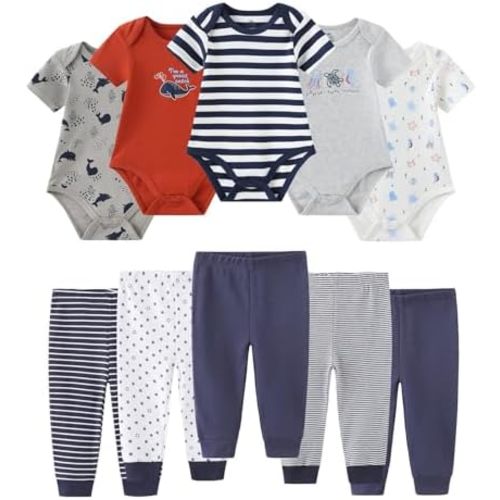 Ruliby Baby Bodysuit and Pant Set 10-pcs Cotton Soft Newborn Clothes Outfit