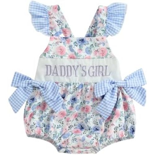 Newborn Baby Girl Summer Clothes Flower Letters Print Fly Sleeve Bow Romper Infant Bodysuit Cute Daddys Girl Outfit