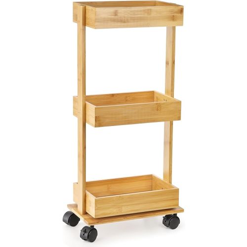 TOPZEA Slim Storage Cart, 3-Tier Bamboo Rolling Utility Cart Standing Rack on Wheel, Mobile Shelving Unit Organizer Serving Trolley Slide Out Cart for Office Bathroom Kitchen Laundry Room(Upgraded)