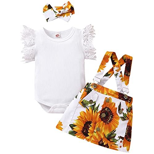 Voonlie Baby Girl Clothes Outftts Ruffle Short Sleeve Ribbed Romper+Suspender Skirt + Headband Summer Clothing Set
