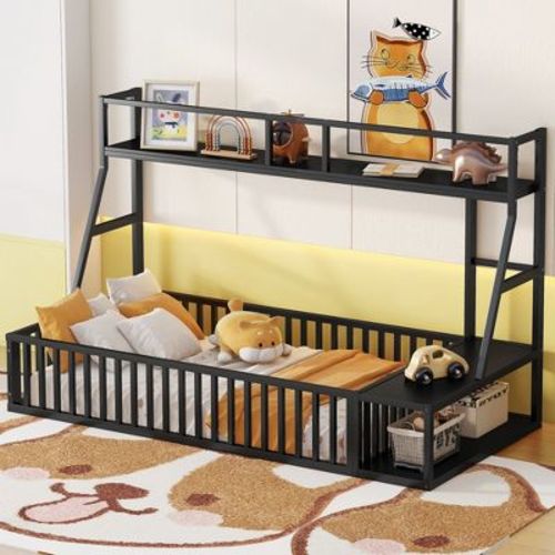 Full Size Floor Bed Frame with Safety Fence, Metal Floor Bed with Desk and Storage Shelves, Playhouse for Kids, White