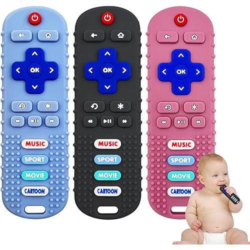 3 Pack Remote Control Shape Silicone Teethers for Babies Chew Toys, Teething Toys for Infant Toddlers,Baby Remote Control Toy (Black&Blue&Pink)