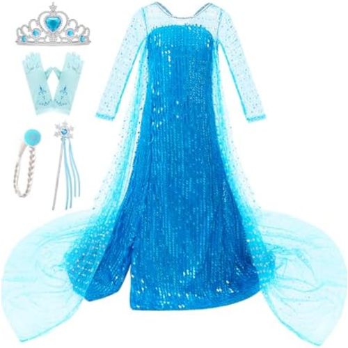 Esvaiy Girls Princess Elsa Dress Costume - Luxury Sequin Halloween Birthday Party Dress Up Kids 3t 4t 5t 6t 7t 8t
