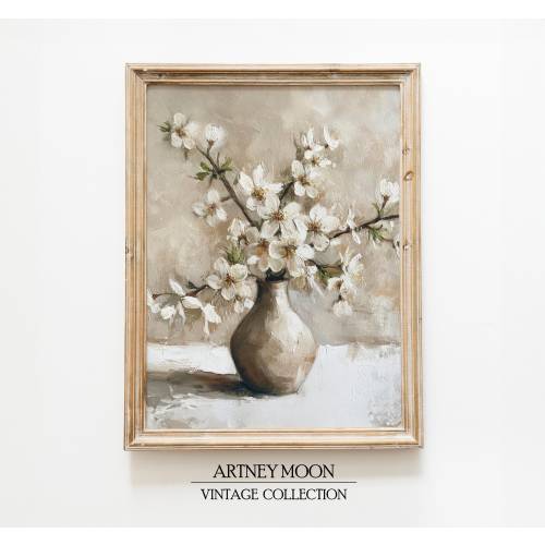 Vintage Flowers Neutral Beige Wall Art Rustic Botanical Still Life Farmhouse Oil Painting Style Print Instant PRINTABLE Digital Download
