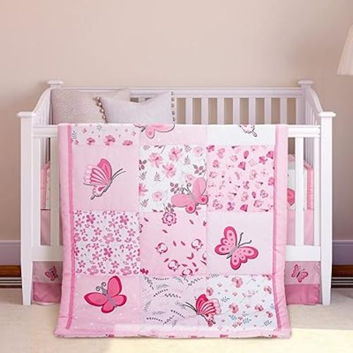 Tudomro 3 Pieces Butterfly Nursery Crib Bedding Set for Girls, Standard Size Bedding Sets with Comforter Fitted Sheet Crib Skirt(Pink)