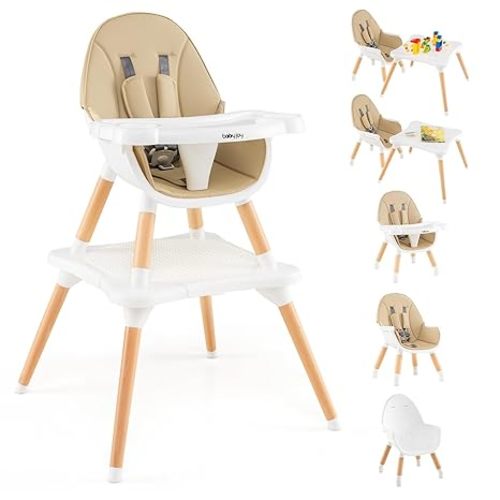 BABY JOY 6 in 1 High Chair, Convertible High Chairs for Babies and Toddlers/Booster Seat/Table and Chair Set, Infant Wooden Highchair w/ 5-Point Harness, 4-Position Removable Tray & PU Cushion (Khaki)