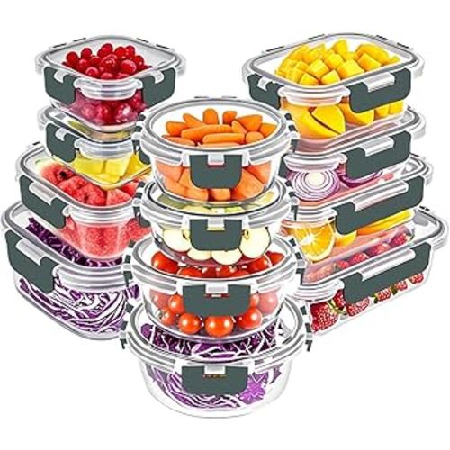 VERONES 12 Packs Glass Food Storage Containers Set, Airtight Glass Lunch Containers, Glass Meal Prep Containers with Lids,Exclusive of BPA, for Microwave, Oven, Freezer & Dishwasher Friendly,Grey