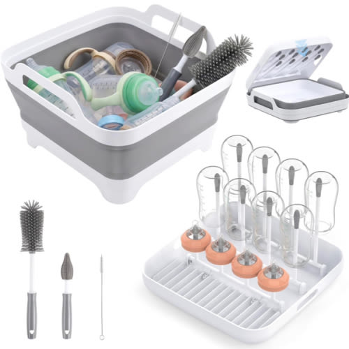 Collapsible Wash Basin for Baby Bottles with Drying Rack – 2.4 Gallon Foldable Dish Tub with Handles, Portable RV Camping Sink & Space-Saving Wash Bin with Lid for Kitchen, Travel & Outdoor