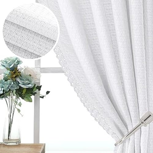 H.VERSAILTEX White Boho Curtains Linen Jacquard Curtains 96 Inches Long Back Tab Elegant Light Filter Drapes Panels Rod Pocket Farmhouse Curtains Home Decor Western (Border with Trimmings)