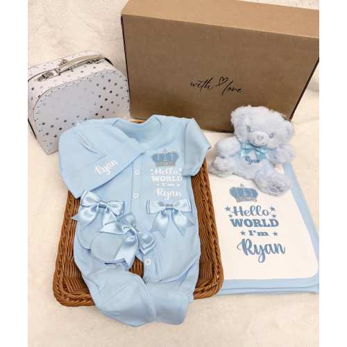Newborn Baby FULL SET sleepsuit Hat mitts .EXTRAS Add a teddy or blanket or suitcase or gift box Personalised 2nd picture is original