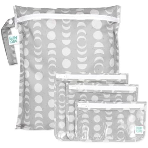 Bumkins - Waterproof Wet Bag & Clear Travel Bags - For Beach, Baby, Travel, Swim Suit, Cloth Diapers, Pump Parts, Pool, Gym, Toiletries - Reusable & Easy to Clean - Lunar Gray - 4 Pack