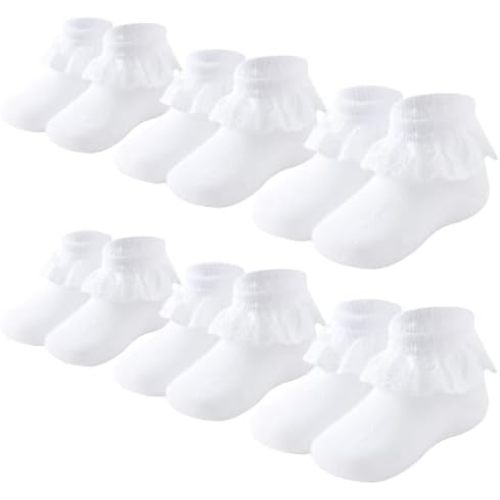 Baby Girls Socks Eyelet Ruffle Lace Frilly Dress Socks for Newborn Infant Toddler 3/6 Pairs