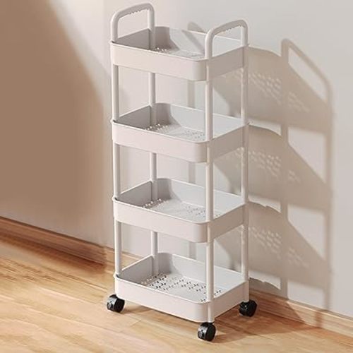 4 Tier Rolling Cart, Bathroom Cart with Drainage Basket, Rolling Cart Large Size Stylish and Versatile, Storage Cart with Wheel for Living Room, Office and Bathroom Clearance #, White