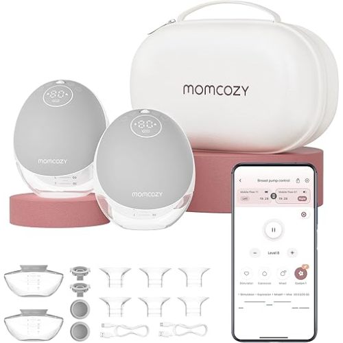 Momcozy Breast Pump Hands Free Upgraded Mobile Flow | M9, App Discreet Control with Personalized Multi-Modes & 15 Levels, Wearable Breast Pump 24mm, 2 Pack Gray
