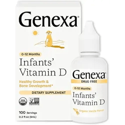 Genexa Infants Vitamin D Liquid Drops for Newborn, Baby & Toddler | Supports Growth & Bone Development | Delicious Organic Vanilla Flavor | Certified Organic, Gluten Free, & Non-GMO | 90 Servings