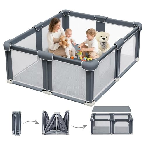 Foldable Playpen for Babies and Toddlers, 71"x79" Portable Play Yard with Mat, Kids Collapsible Play Pen with Sturdy Metal Frame & Mesh Walls, Indoor & Outdoor Baby Fence Play Area