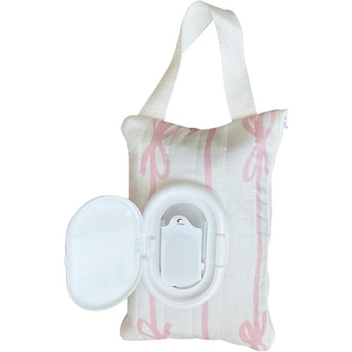 AGLOO Bow Baby Wipes Dispenser - Portable Wet Tissue Storage Bag for Travel, Refillable Diaper Wipe Holder for Car and Stroller – Reusable Hanging Wet Wipe Pouch (Pink-White)