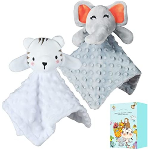 Cute Castle Security Blanket for Babies Gifts - Soft Unisex Newborn Essentials for Boys and Girls - Neutral Baby Stuff Snuggle Toy - Baby Registry Search Shower (Tiger & Grey Elephant)