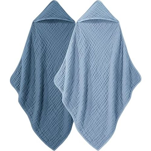 Looxii Baby Bath Towels 2 Pack Muslin Hooded Baby Towels for Newborn and Infants, 100% Cotton, Large 32x32Inch, Soft and Absorbent Gradient Blue