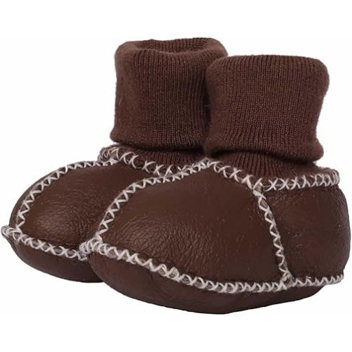 100% Australian Sheepskin Baby Booties Infant Unisex Fleece Warm Wool Lininig Winter Ankle Boots Stay On Slippers with Soft Elastic Sock Mouth Cover No Easily Fall Off Newborn Non Slip Shoes for Toddler Girls Boys 0-12 Months