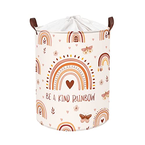 Clastyle 45L Boho Rainbow Laundry Hamper with Handle Drawstring Waterproof Butterfly Flowers Pink Laundry Basket Round Clothes Toys Heart Basket for Nursery Room
