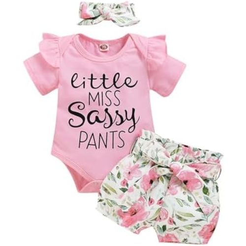 Baby Girl Clothes Ruffle Sleeve Romper Shorts Set with Headband 3PCS Cotton Summer Outfits Sets