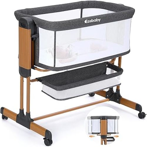 Ezebaby Bassinet, Rocking Bassinet for Baby, Baby Bassinets Bedside Sleeper, Adjustable Baby Bedside Bassinet with Wheels, Storage Basket and Mesh Sides for Newborn Infant
