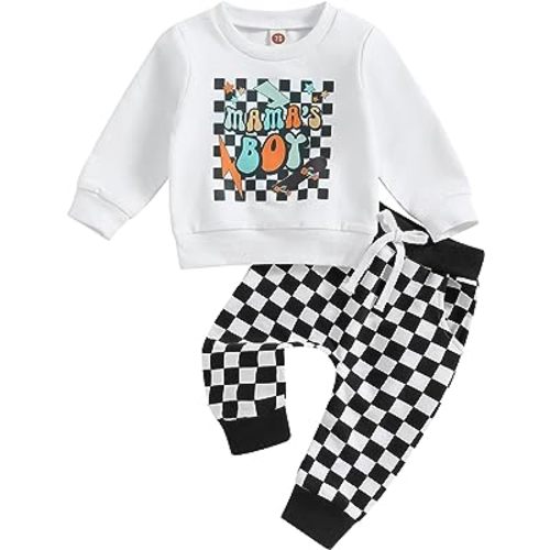 Toddler Boy Fall Outfits Tractor Letter Print Long Sleeve Round Neck Sweatshirt with Solid Color Pants 2Pcs Set