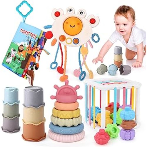 5 In 1 Baby Montessori Toys 6+ Months, Sorting&Stacking Toys For Toddler, Including Shape Sorter&Sensory Bin, Pull String Toys, Stacking Tower & Cups, Baby Sensory Book, Christmas & Birthday Gift