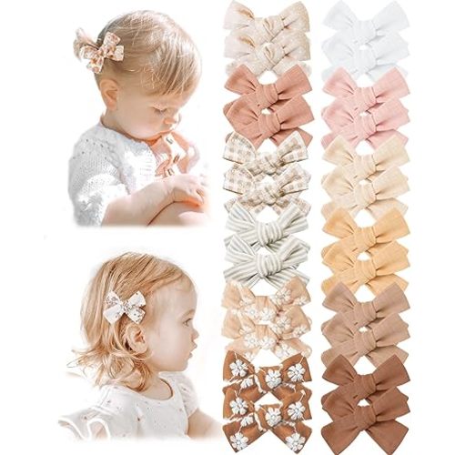 Niceye Baby Hair Clips - 24 Pcs Fully Lined Hair Bow Clips for Fine Hair Cotton Tiny Hair Barrettes for Infants, Toddlers, and Little Girls