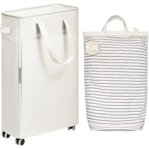 Goodpick Laundry Basket with Wheels, 50L Slim Laundry Hamper with Removable Bag, Rolling Laundry Basket, Dirty Clothes Hamper with Handle for Bedroom, Bathroom, Laundry Room, Beige