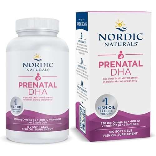 Nordic Naturals Prenatal DHA, Unflavored - 180 Soft Gels - 830 mg Omega-3 + 400 IU Vitamin D3 - Supports Brain Development in Babies During Pregnancy & Lactation - Non-GMO - 90 Servings