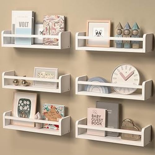 White Floating Shelves Set of 6, Wall Mounted Nursery Bookshelf for Kids Room Storage, Classic White Floating Shelves for Wall, Baby Book Shelves for Kids Bedroom Toddler Room Decor - White