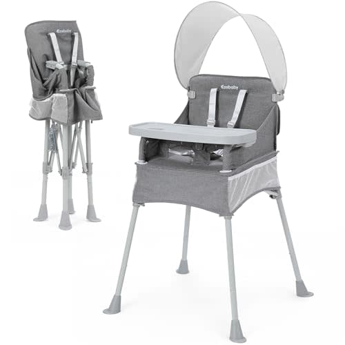 Ezebaby Baby Portable High Chair with Sun Canopy, Foldable High Chairs for Babies and Toddlers with Detachable Tray and 5-Point Harness, Travel High Chair for Indoor and Outdoor Use, Gray