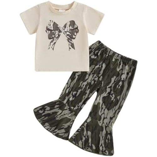 Western Baby Girl Clothes Bow Boots Short Sleeve Shirt Cow Print Flared Bell Bottom Pants 2Pcs Summer Cowgirl Outfit