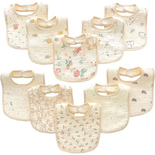 MUKIN Baby Muslin Bibs, Cotton Drooling Feeding Towels, Adjustable Snap Closure, Various Prints, 10 Pack