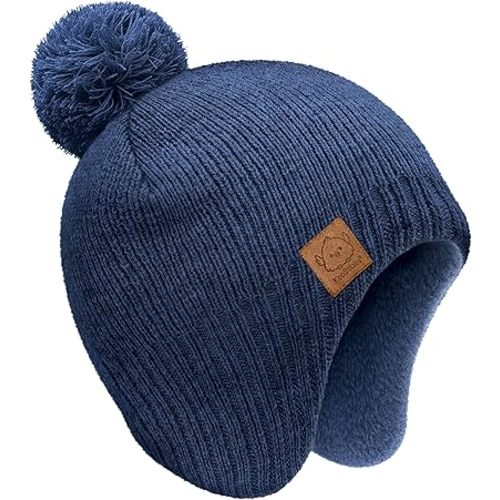 Baby Beanie Winter Hat 6-36 Months - Cute Pom Winter Baby Hats with Earflaps, Soft & Stretchy Knit Toddler Beanies for Infant, Newborn 6-36 Months Boys, Girls, Cozy, Warm Fall Essentials (Navy)