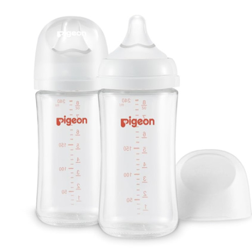 Pigeon Glass Nursing Bottle Wide Neck, Anti-Colic, Streamlined Body, Natural Feel, Easy to Clean, Heat-Resistant, 8.1 Oz(Pack of 2), Includes 2pcs M Nipples (3m+)
