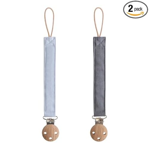 mushie Linen Baby Pacifier Clip Holder | Soft Fabric Strap, 2-Pack (Powder Blue/Deep Sea)