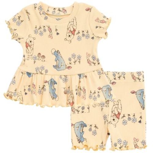 Disney Winnie the Pooh Minnie Mouse Lilo & Stitch Peplum T-Shirt and Bike Shorts Outfit Set Newborn to Big Kid, Color: Winnie the pooh, yellow, Size: 12 months